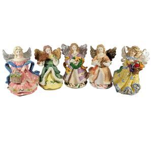 Lot of 5 Vintage Angel Figurines Holding Instruments, Flowers & Wreaths, 6" Tall